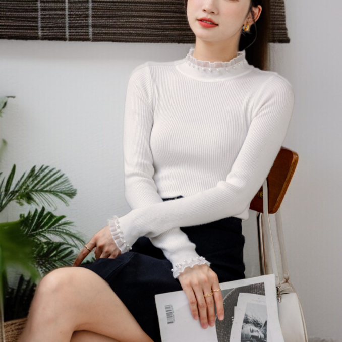 여성 블랙 루즈핏 니트 이너 반폴라 니트 레이스 이너 루즈핏 니트 풀오버 니트