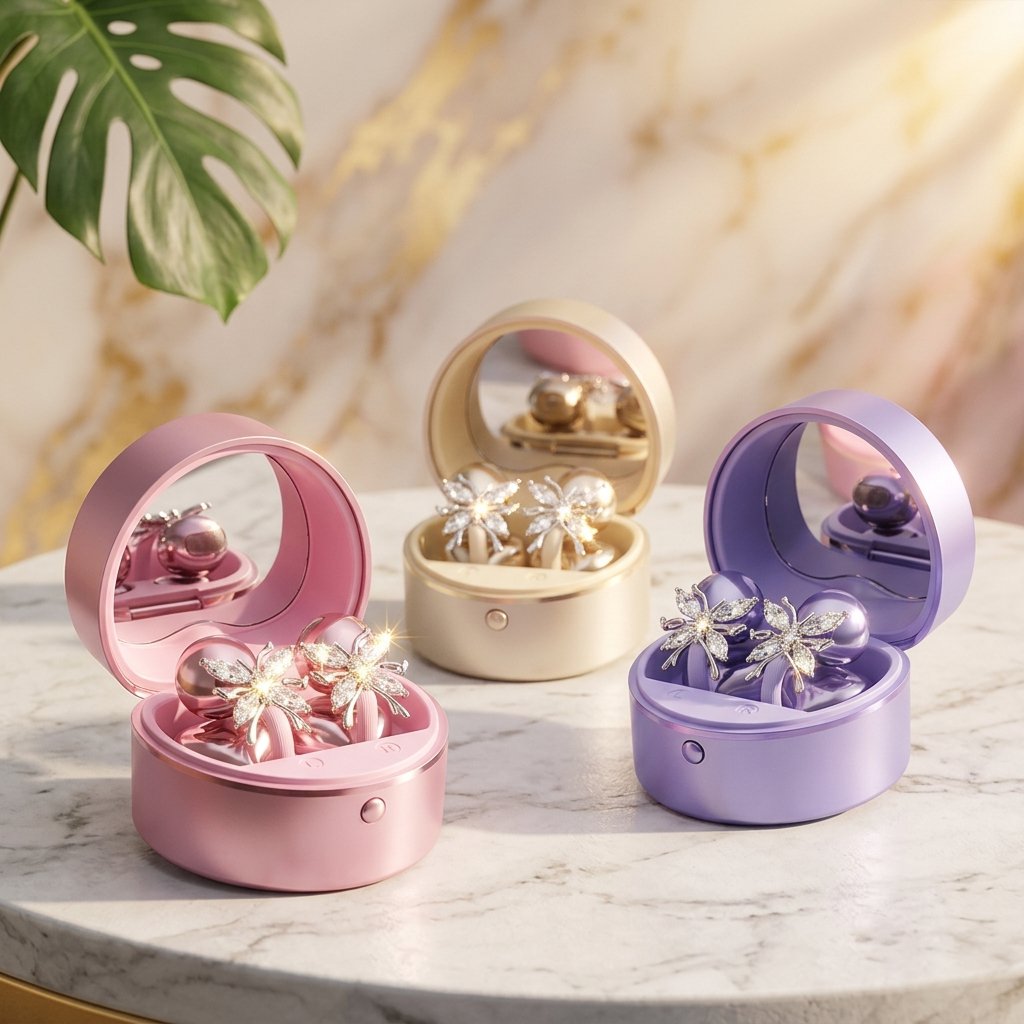 High-value wireless Bluetooth earbuds with butterfly ear clips, heart-shaped charging case, and make