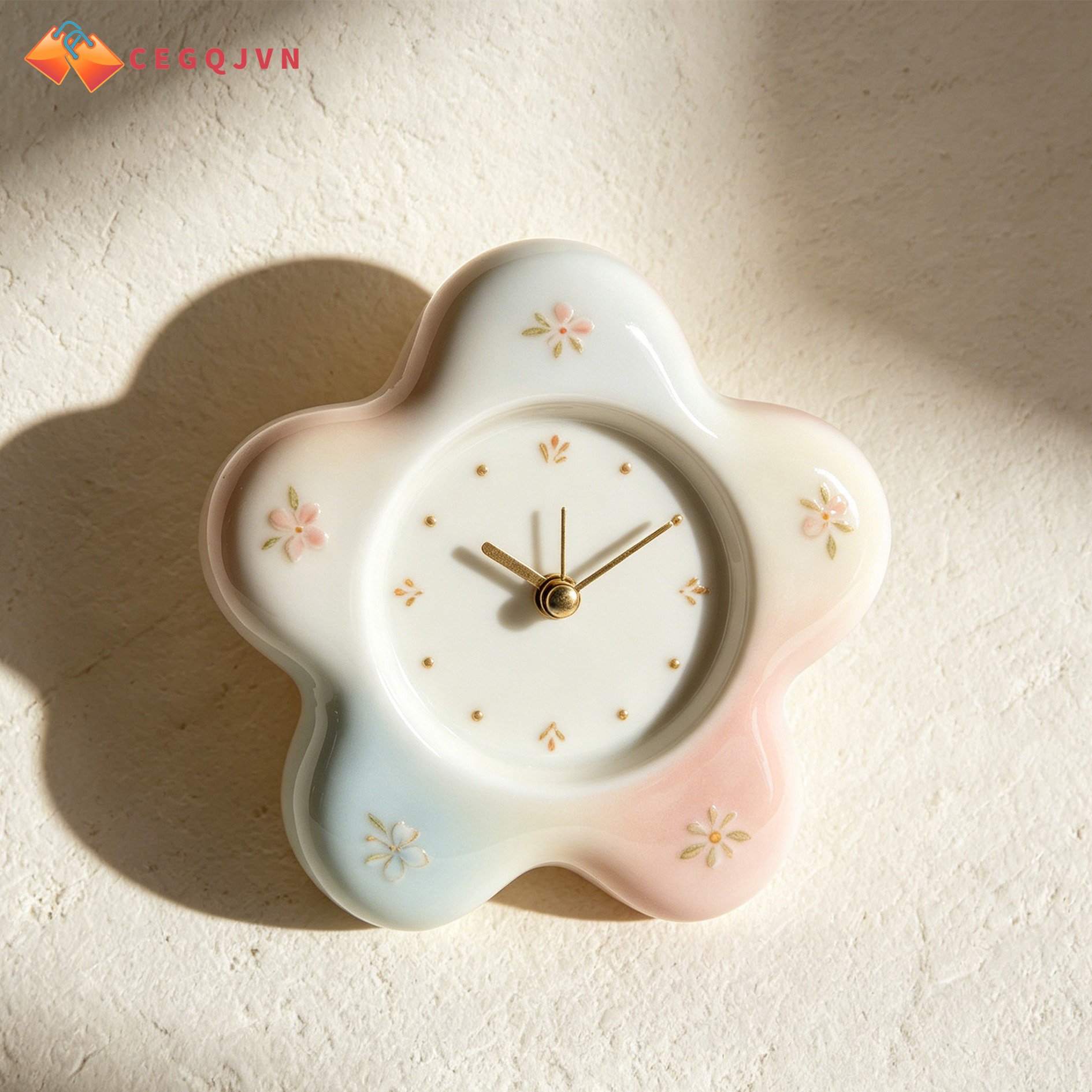 Close-up of floral ceramic clock face design