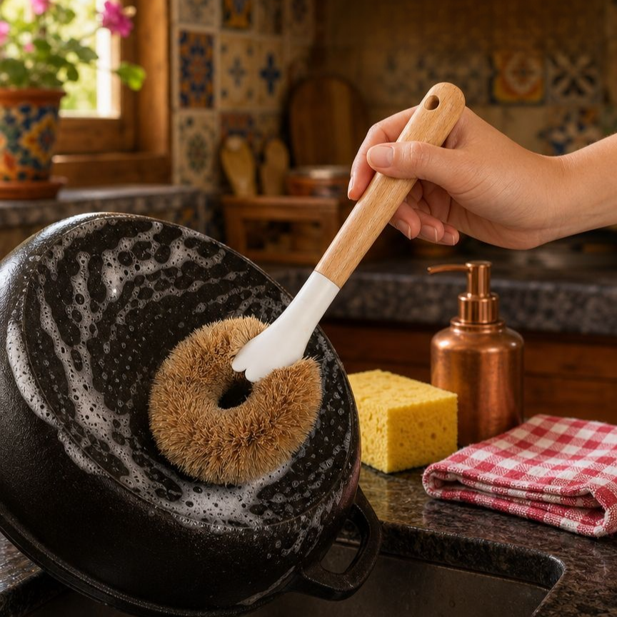 Cepillo de limpieza de mango largo de cáscara de coco natural, no daña utensilios