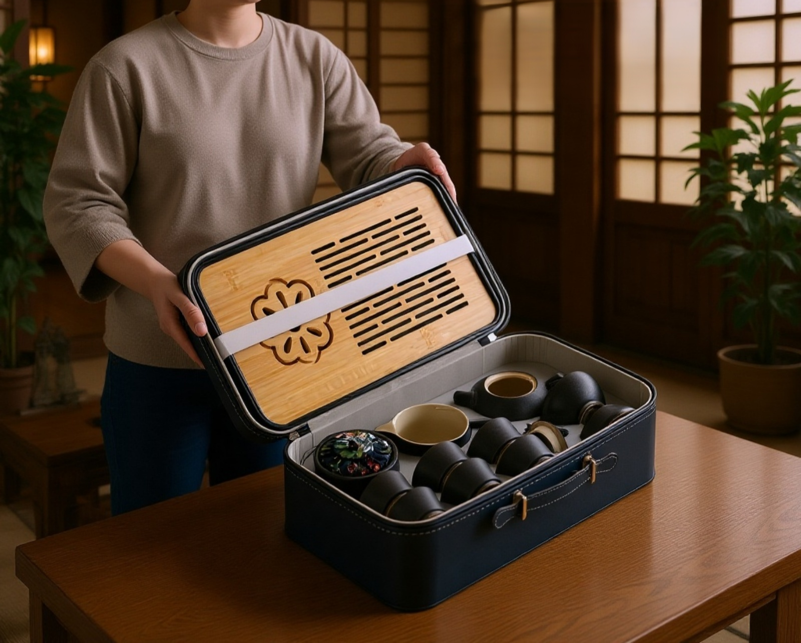 Porcelain teapot with classic tea cups