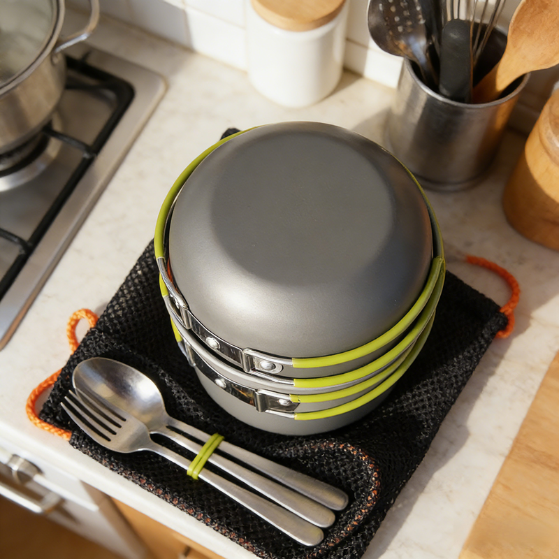 Kültéri hordozható főzőkészlet 12 fő részére edényekkel és evőeszközökkel