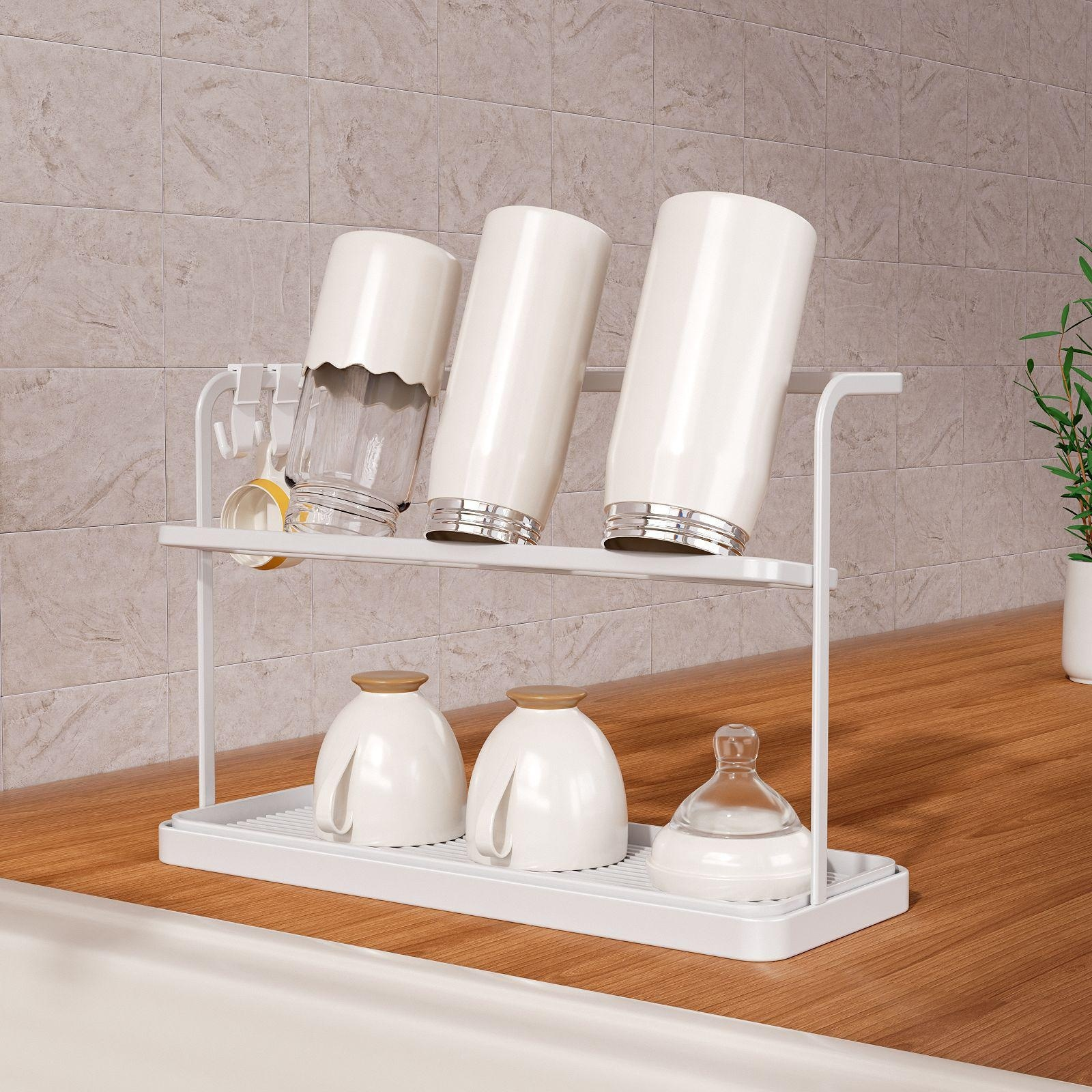 キッチンデスクトップ二層逆さ排水カップラック茶器収納ラック