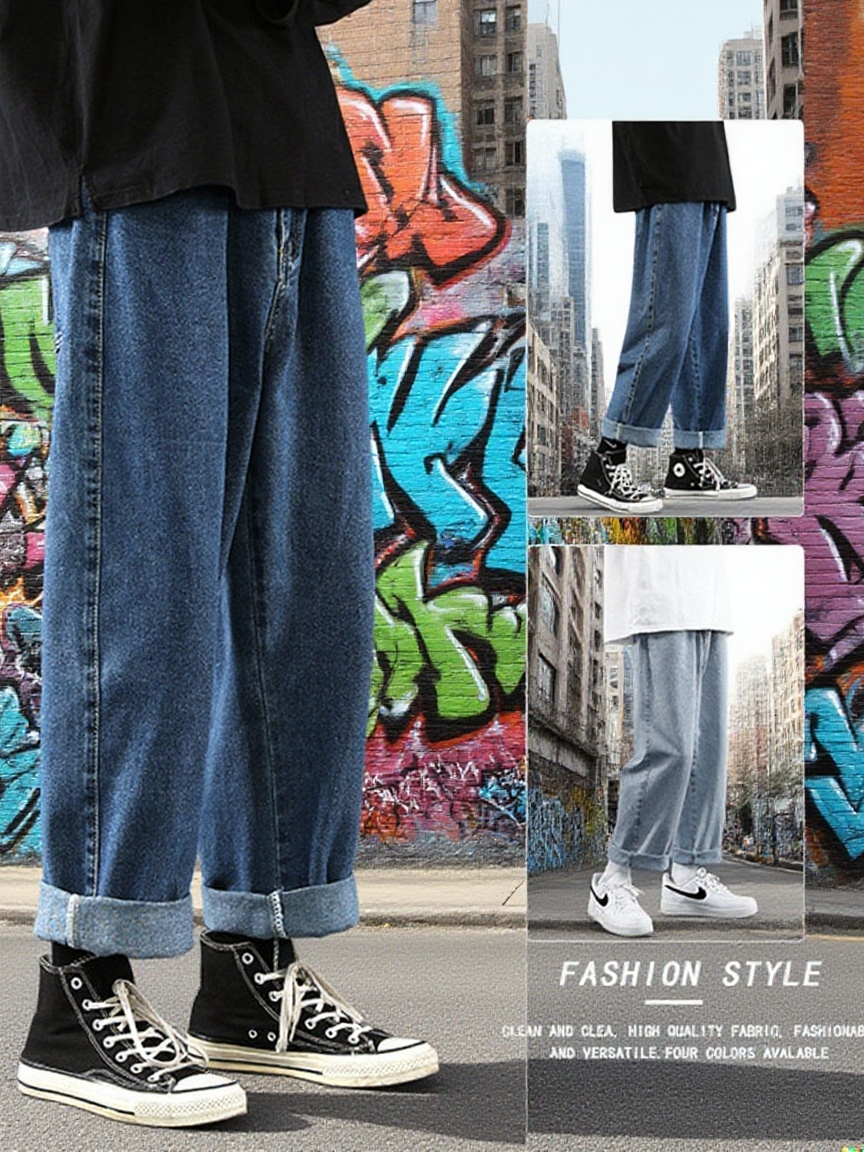 남성용 베이직 와이드 데님 팬츠 9부