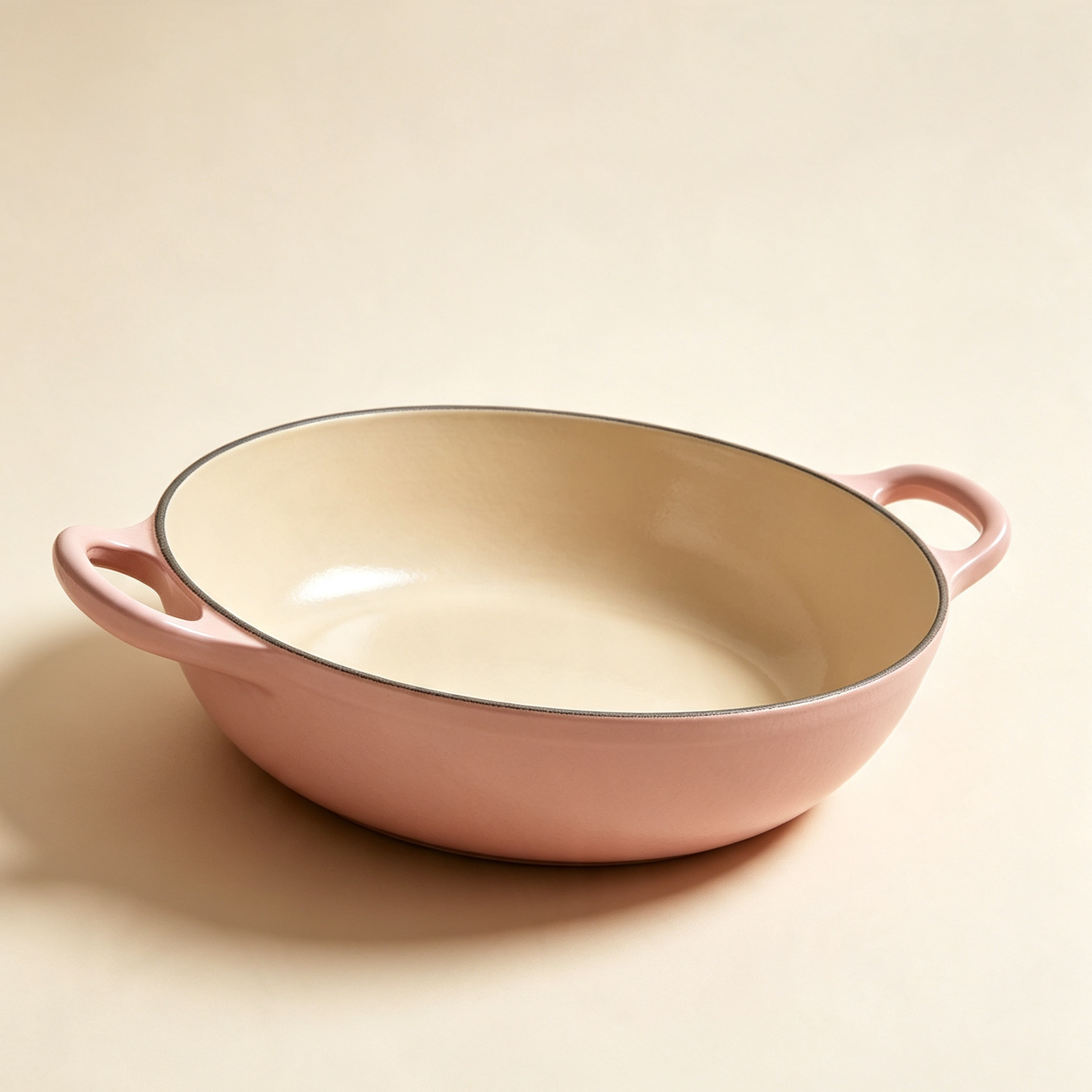 Enameled double-handled shallow saucepan on kitchen counter