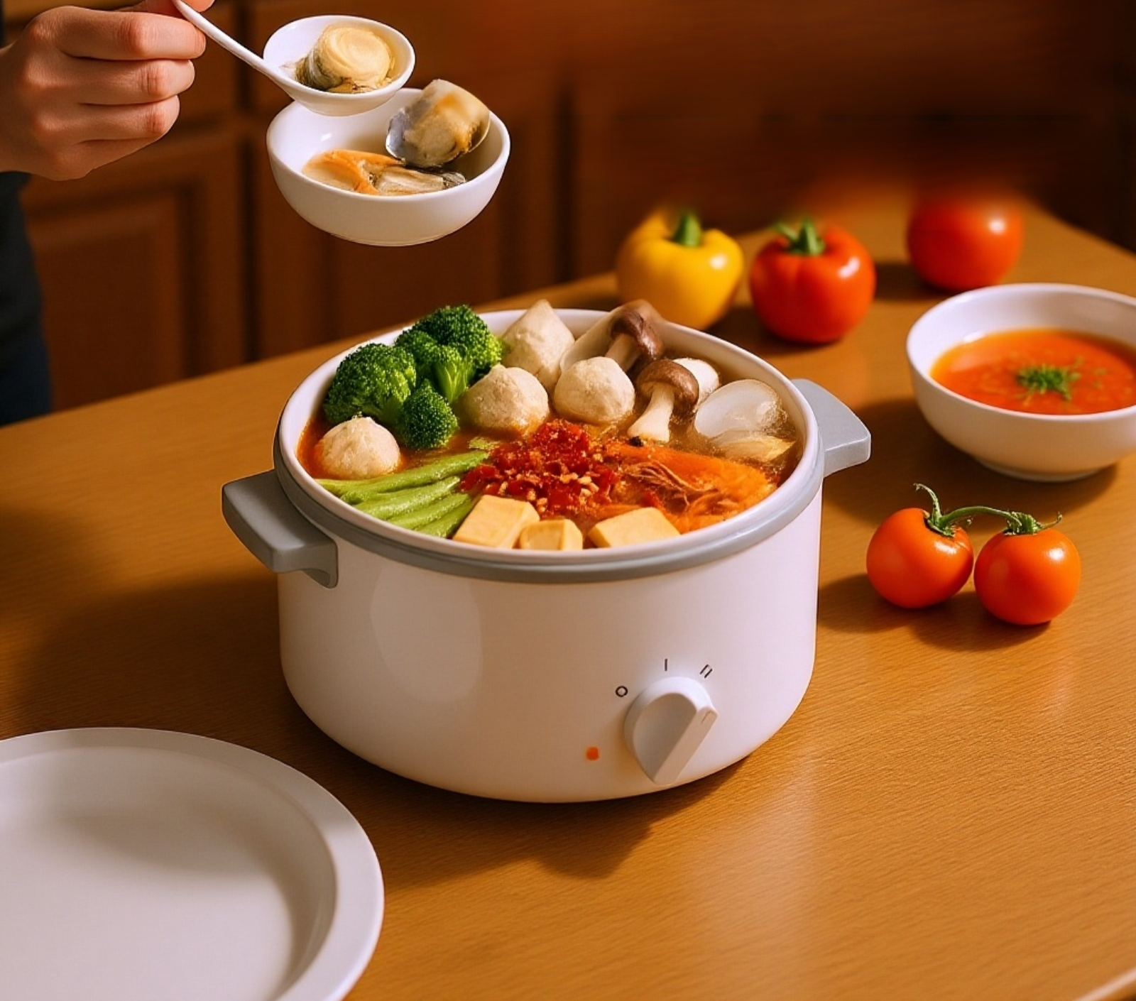 밥솥 내부에 찜기 바구니가 장착된 모습