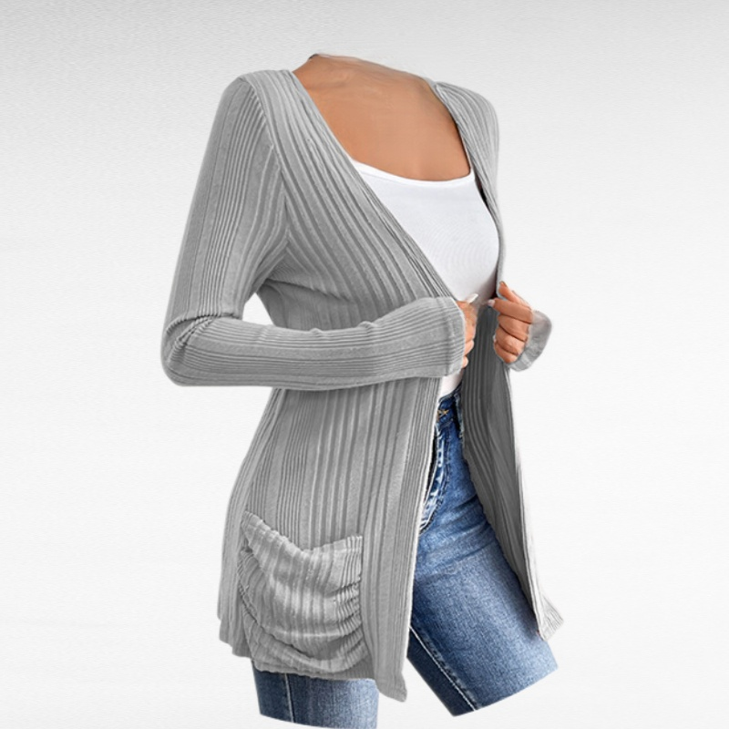 Einfarbige Strickjacke mit langen Ärmeln und mittlerer Länge