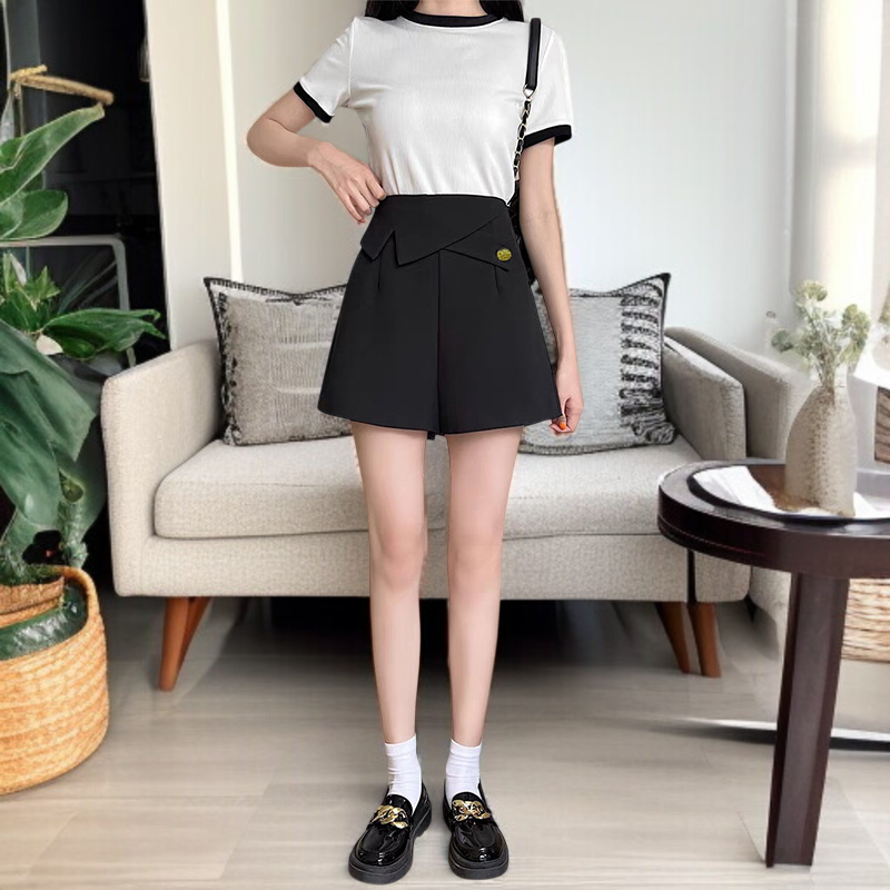 2024 新しい夏のハイウエストカジュアルレディースショーツ A ラインワイドレッグデザイン気質カジュアルスリムスーツパンツ