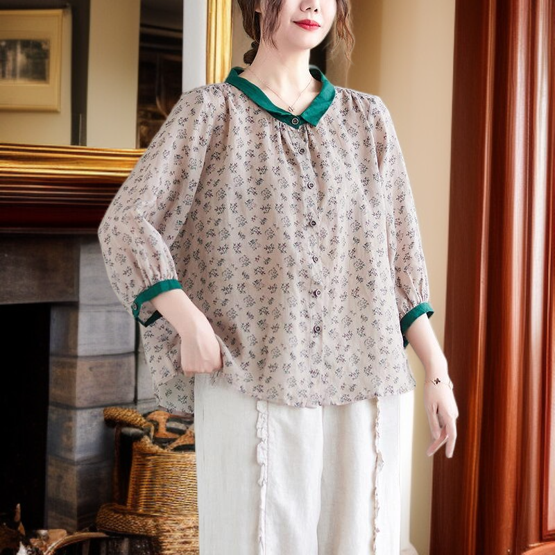 신상 여름 여성복 프린트 셔츠 코튼 마 문예 멜란 가디건 칼라 칠부 소매 캐주얼 셔츠녀
