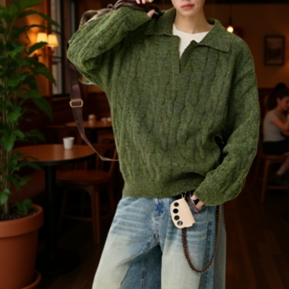 オーバーサイズ厚手Vネックセーター ユニセックス 秋冬ファッション