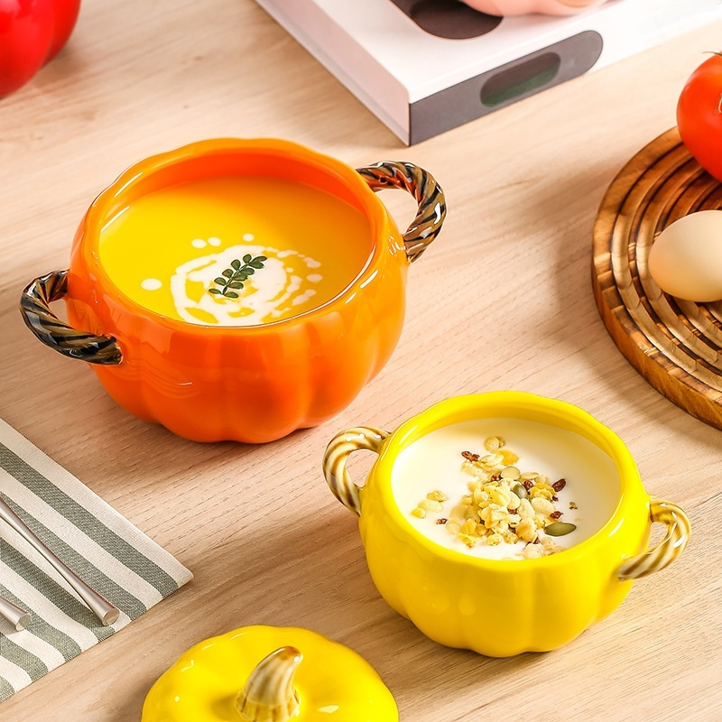 호박 모양 도자기 양손 국그릇