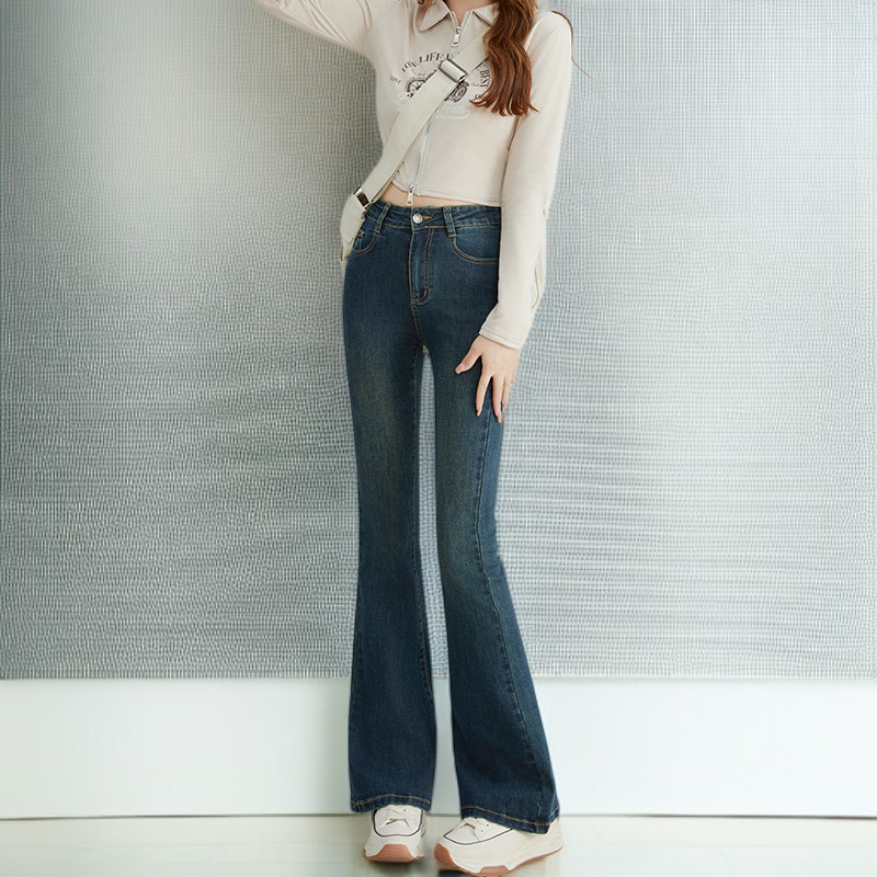 小さめハイウエストワイドジーンズ女性春春スリム細めマイクロフレアワイドパンツ