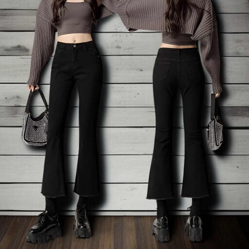 秋の女性用の黒のわずかにフレアのイミテーションジーンズ、小柄な人向けの韓国バージョン、ハイウエスト、スリムな89ポイント、多用途のカジュアルベルボトムパンツ
