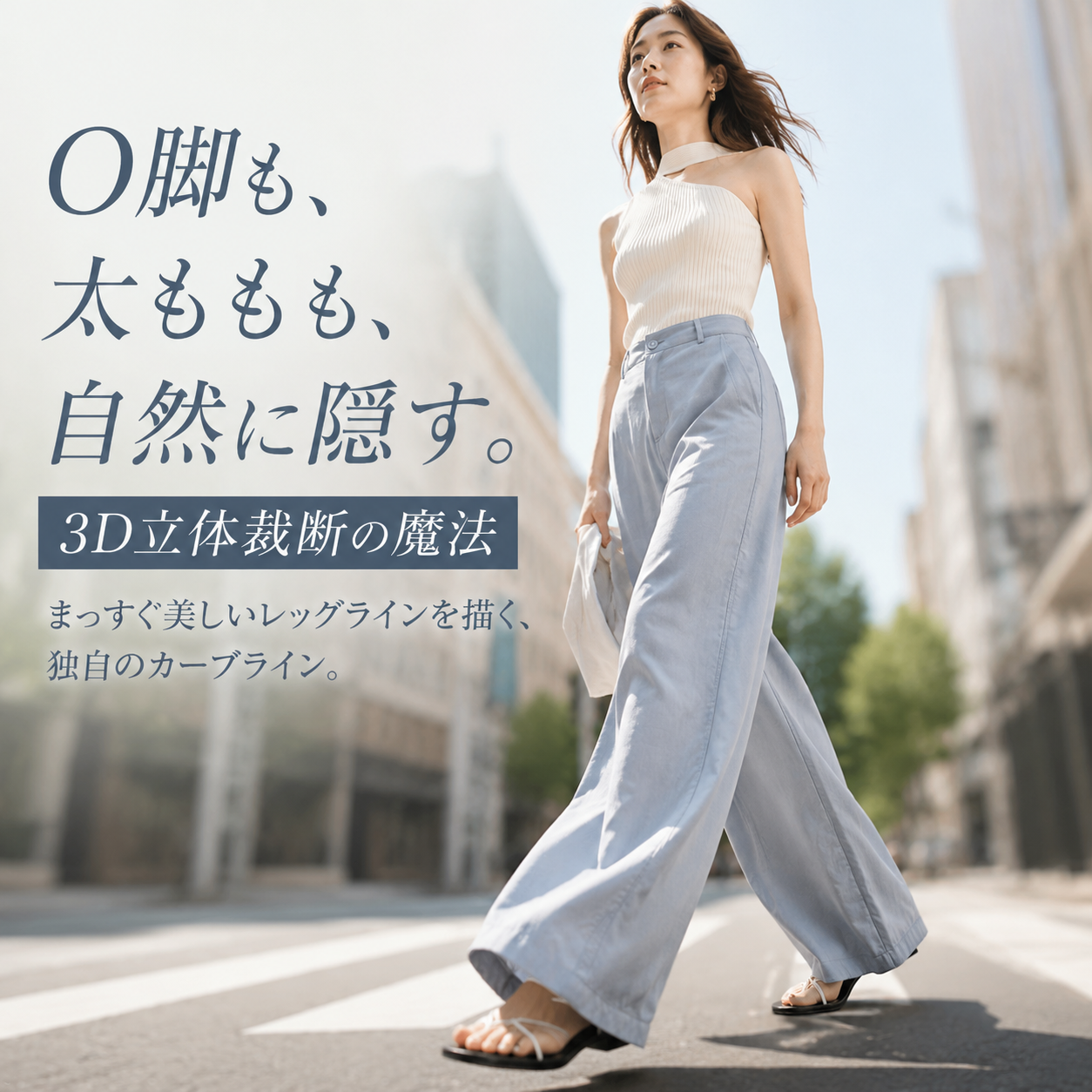 テンセルコットン混紡レディース夏用ゆったりワイドパンツ