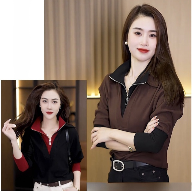 Fashionable Splice False Two-piece Zipper T-shirt