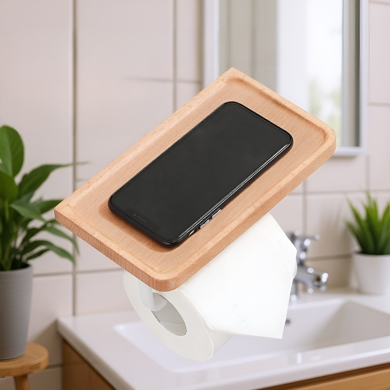 Soporte para papel higiénico de nogal con estante para móvil y almacenamiento para baño