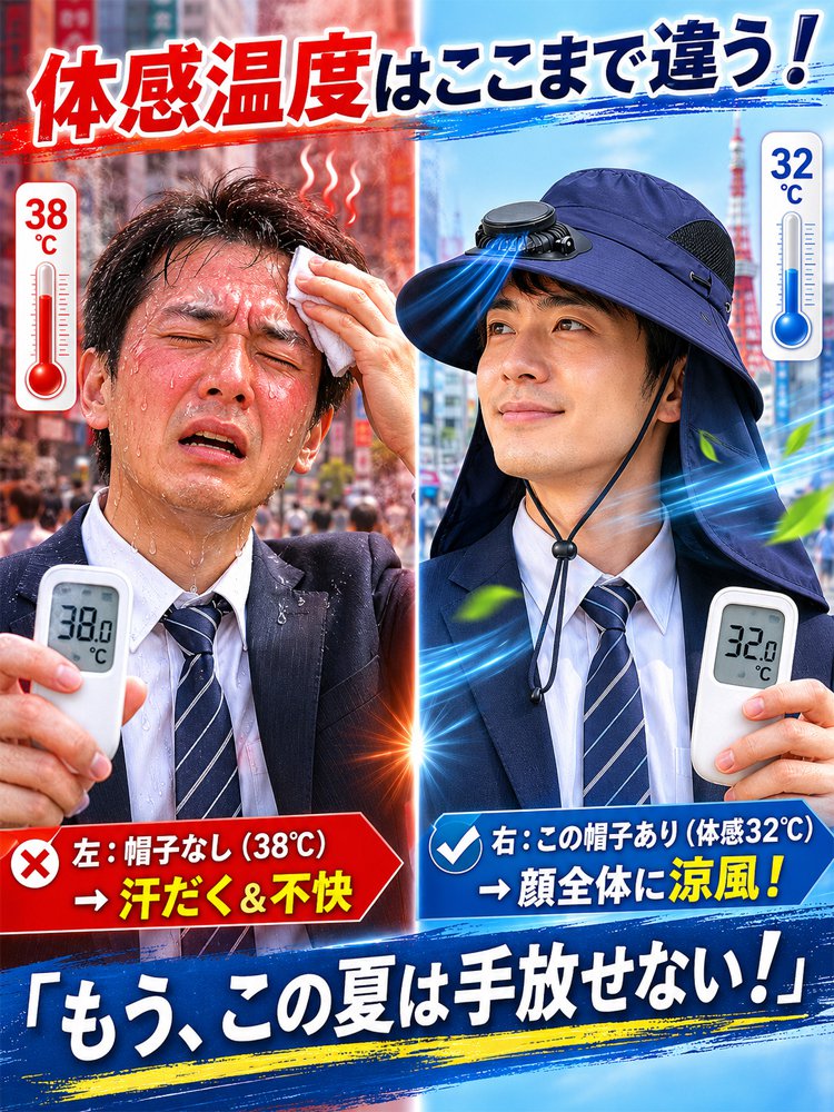 【UVカット×ひんやり送風】ソーラーファン付き日よけ帽子