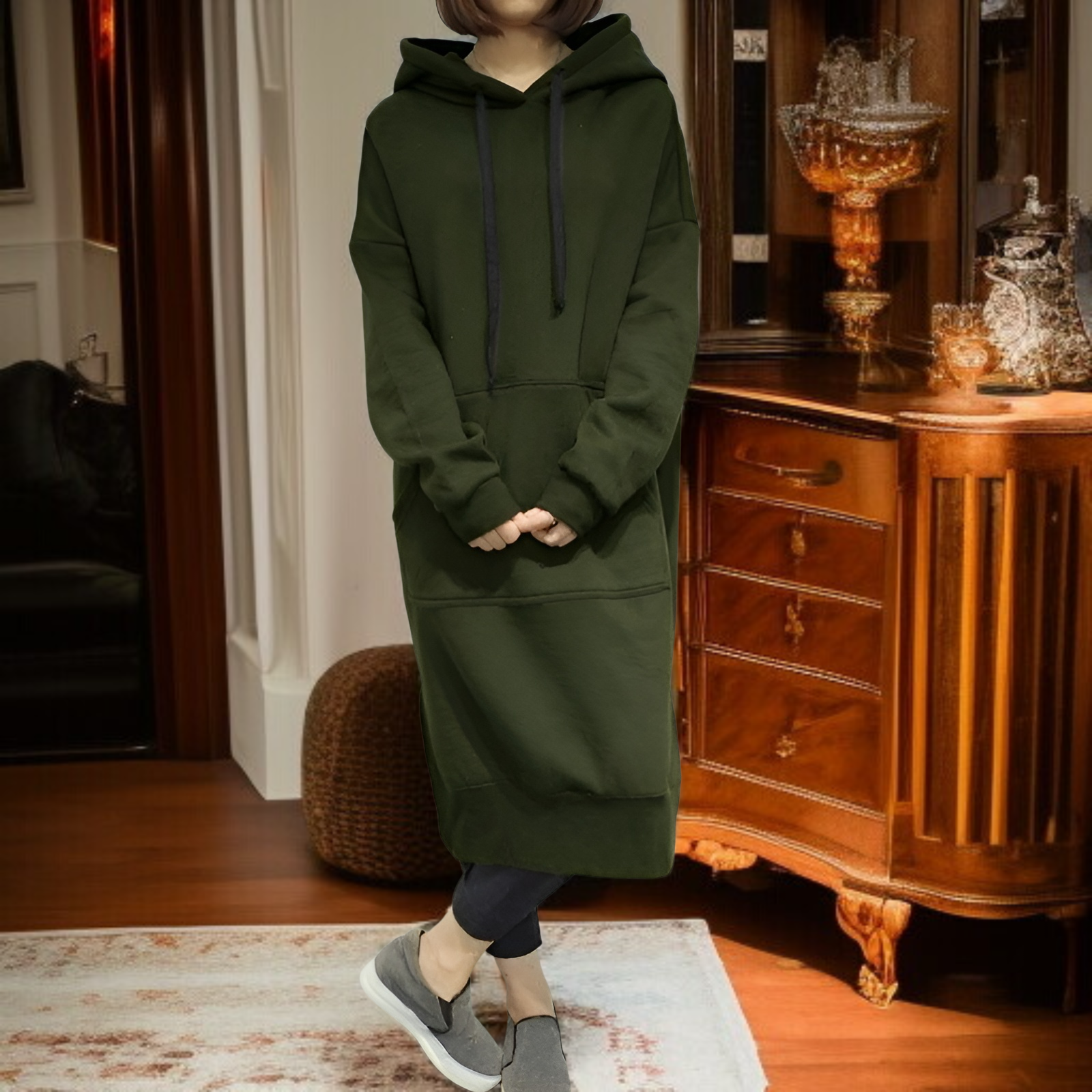 レディース大きいサイズ無地ロングカジュアルパーカーコート