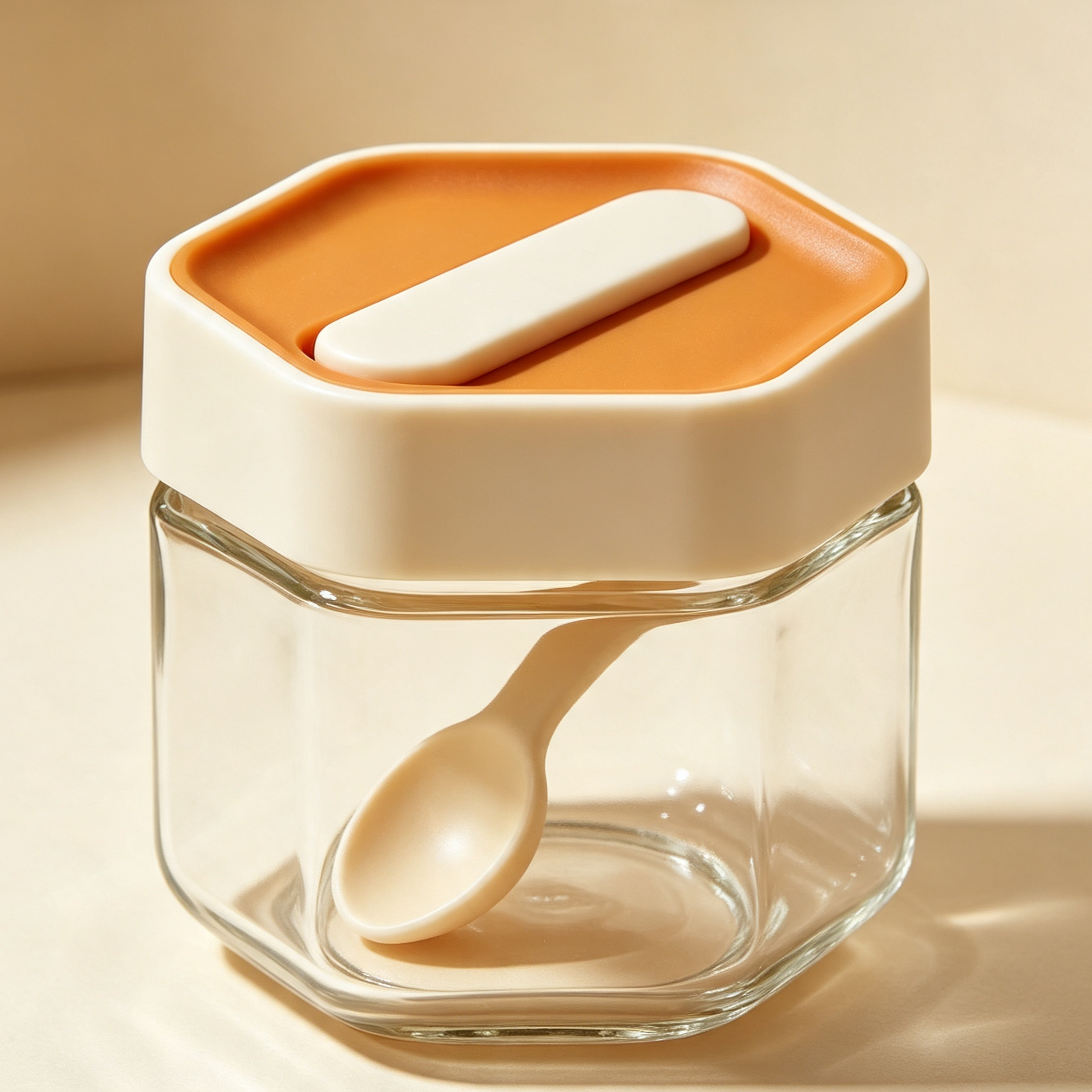 Clear seasoning containers neatly arranged on a kitchen counter
