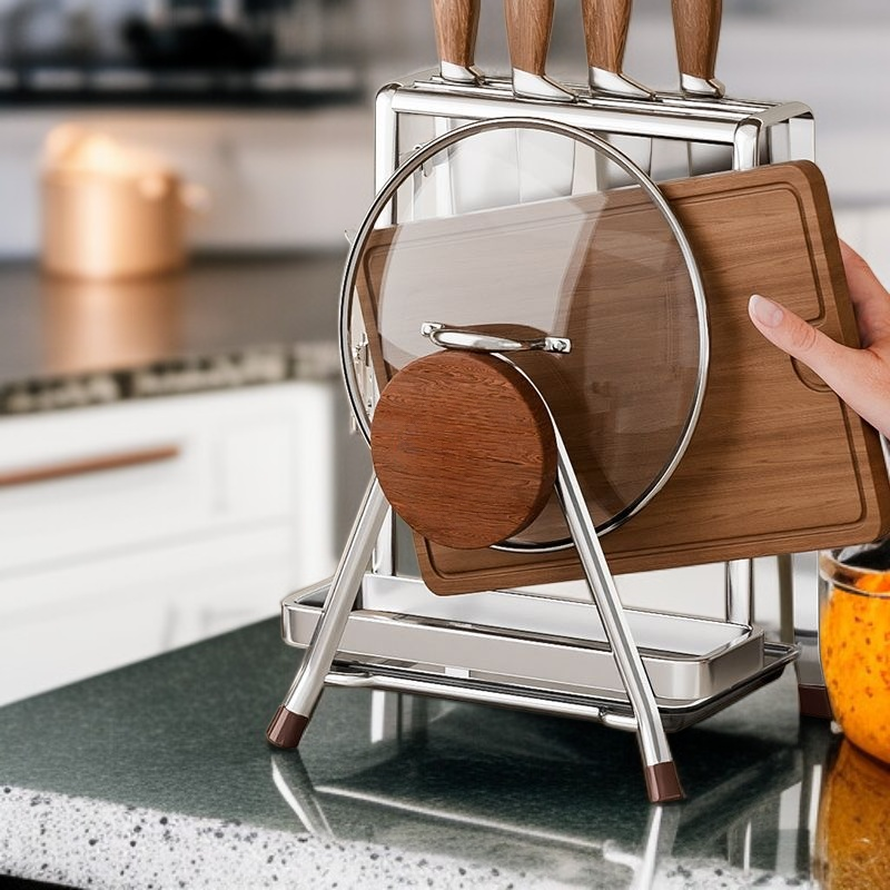 Vintage style stainless steel cutting board and knife holder