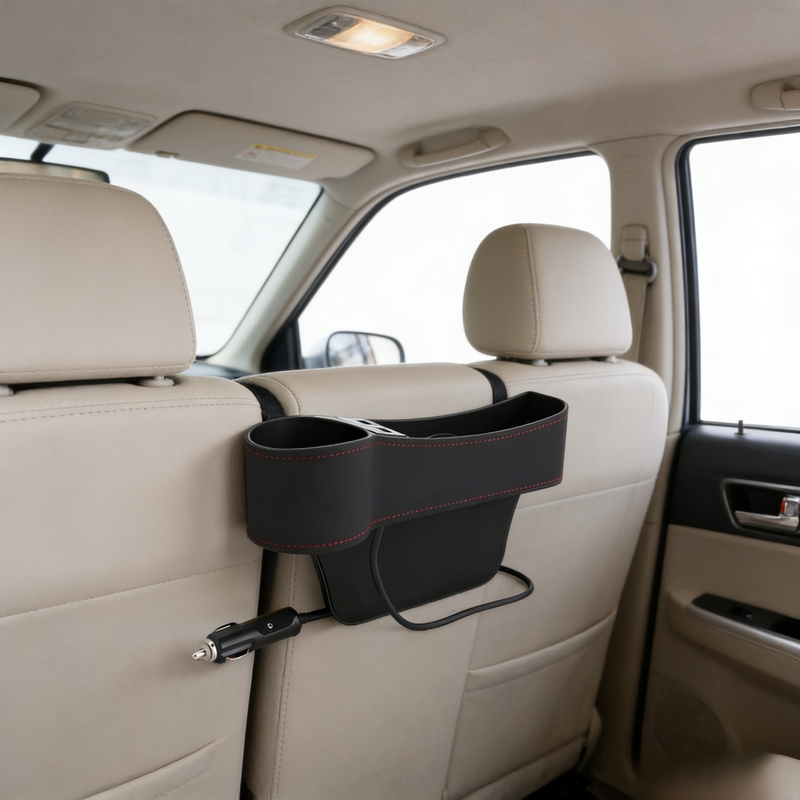 Wielofunkcyjny samochodowy organizer z ładowaniem USB i miejscem na kubek