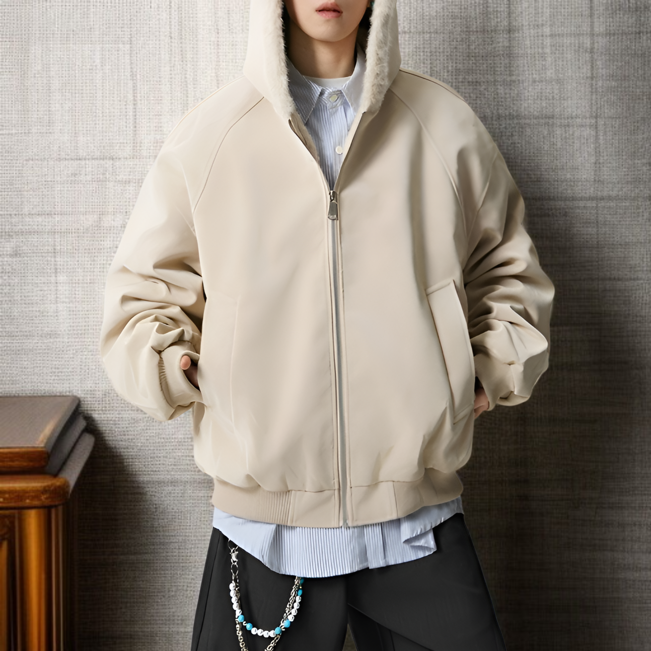 Chaqueta masculina de invierno estilo americano, PU con forro cálido y capucha, resistente al viento