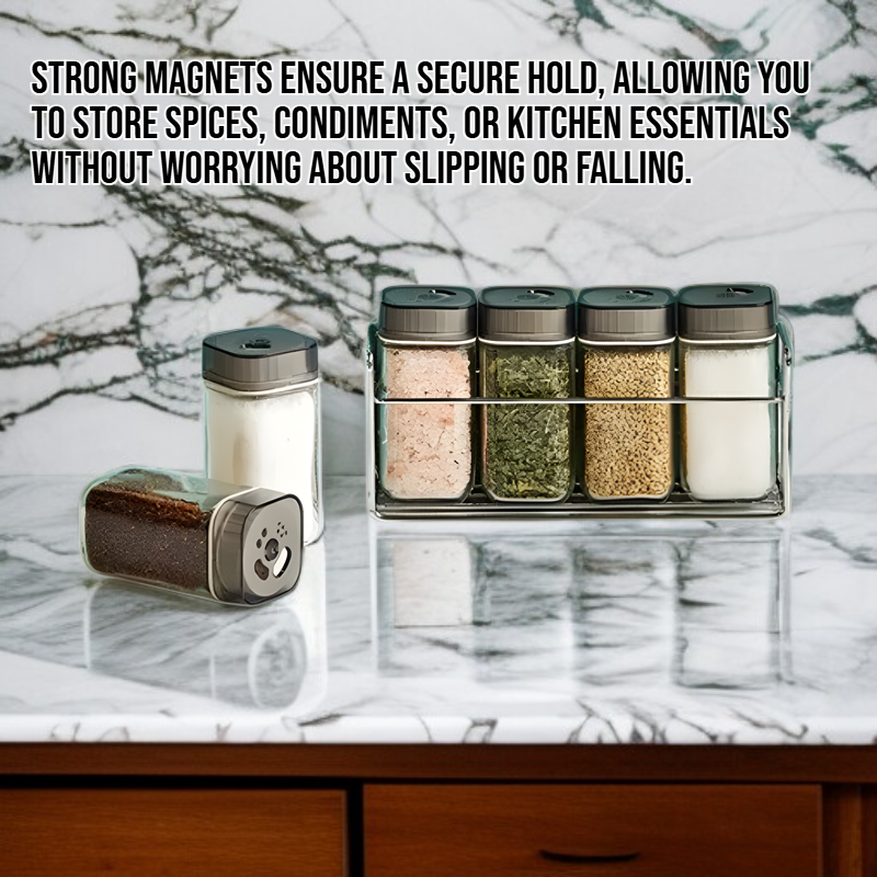 No-drill magnetic storage rack for the side of the refrigerator.