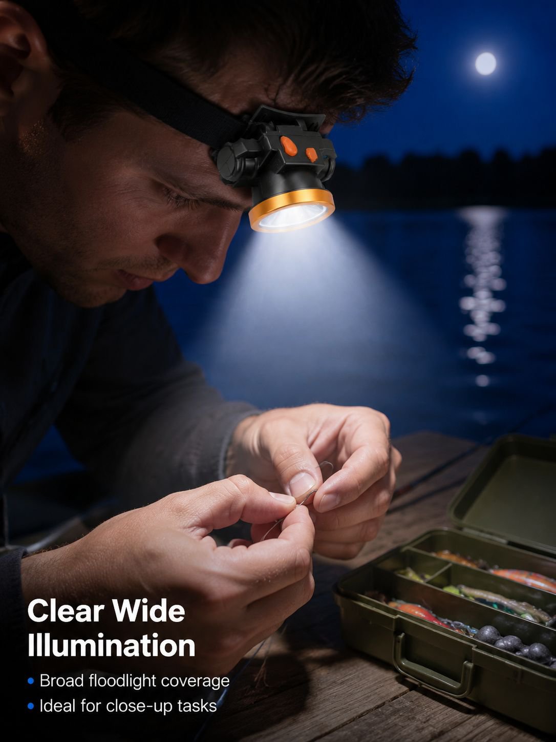Hands-free LED head torch for night fishing