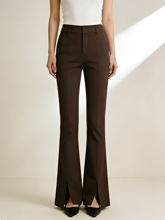 Retro-moderne braune, leicht ausgestellte 9/8-Hose mit Schlitz