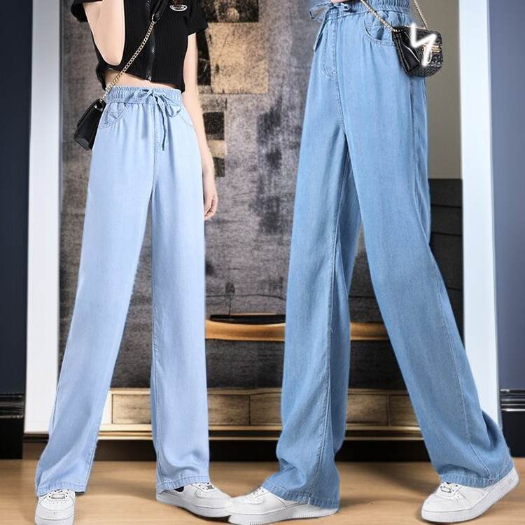 작은 키에 날씬해 보이는 밴딩 허리 일자 청바지 하이웨스트 텐셀 청바지 캐주얼 처짐 와이드 팬츠