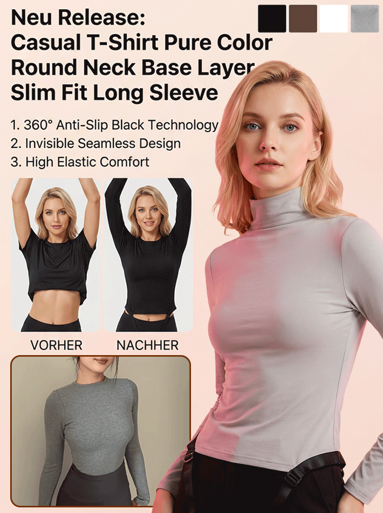 Damenfigurbetontes T-Shirt, einfarbig, langarm, Rundhalsausschnitt, modischer Look