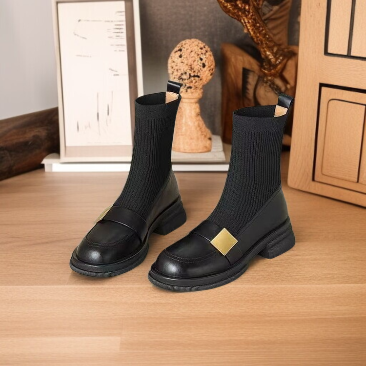 앵클부츠 여학생 니트 스판 슬림부츠 라운드 플랫 굽 워커부츠 앵클부츠 여학생 라운드 플랫 통굽 워커