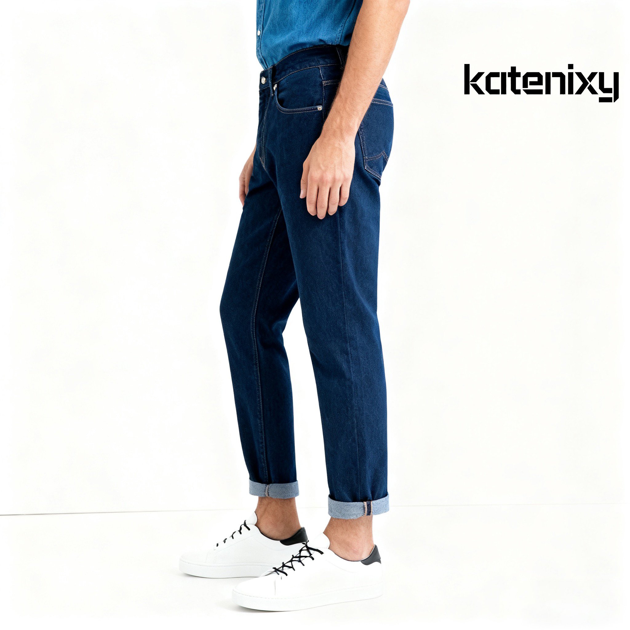 스트레이트 핏 다크 블루 데님 바지 디테일