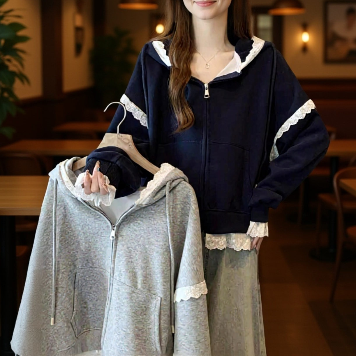 ヨーロッパ風レースフード付きパーカー・大きいサイズ・スリム効果・春秋新作