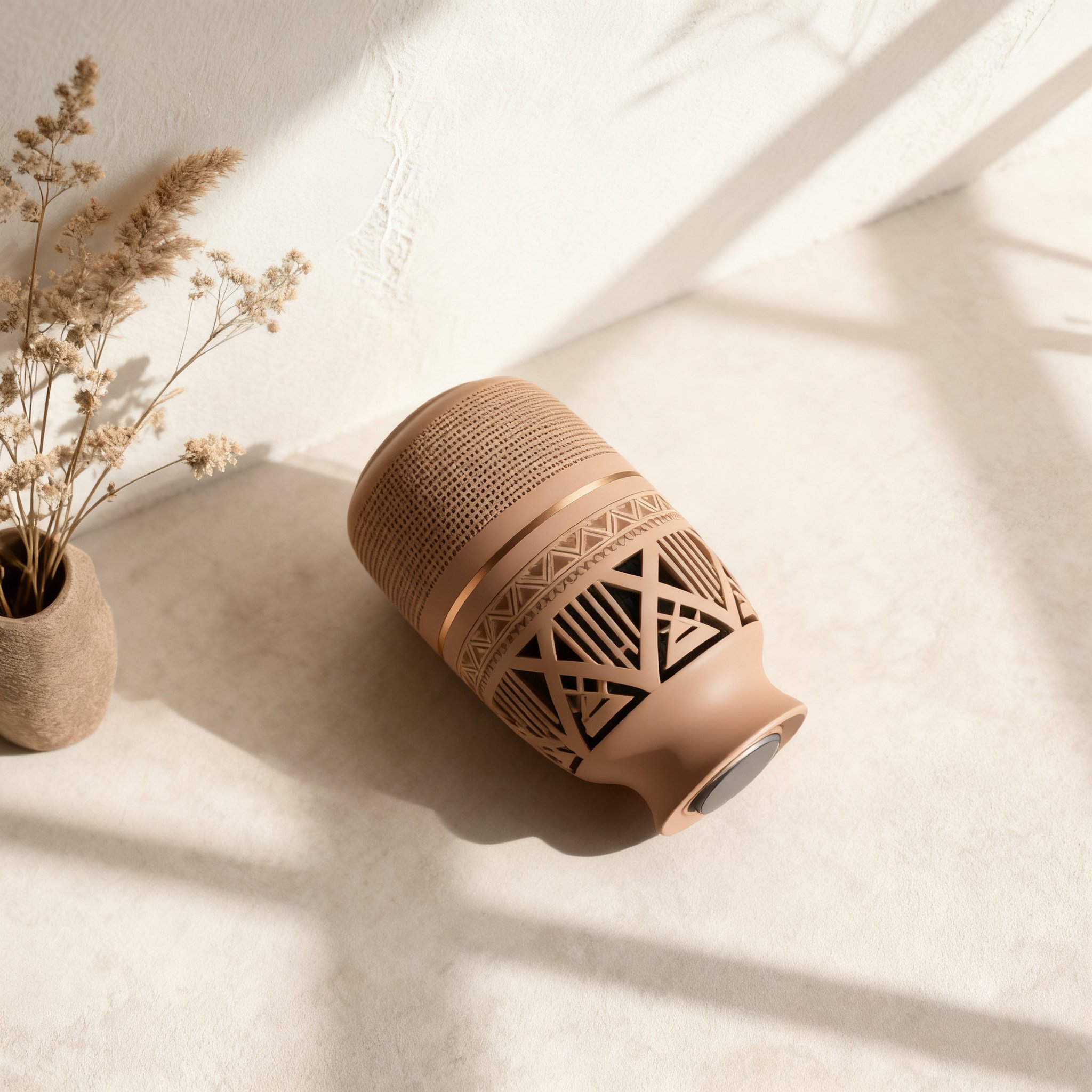 Kompaktní domácí audio systém na poličce v moderním obýváku