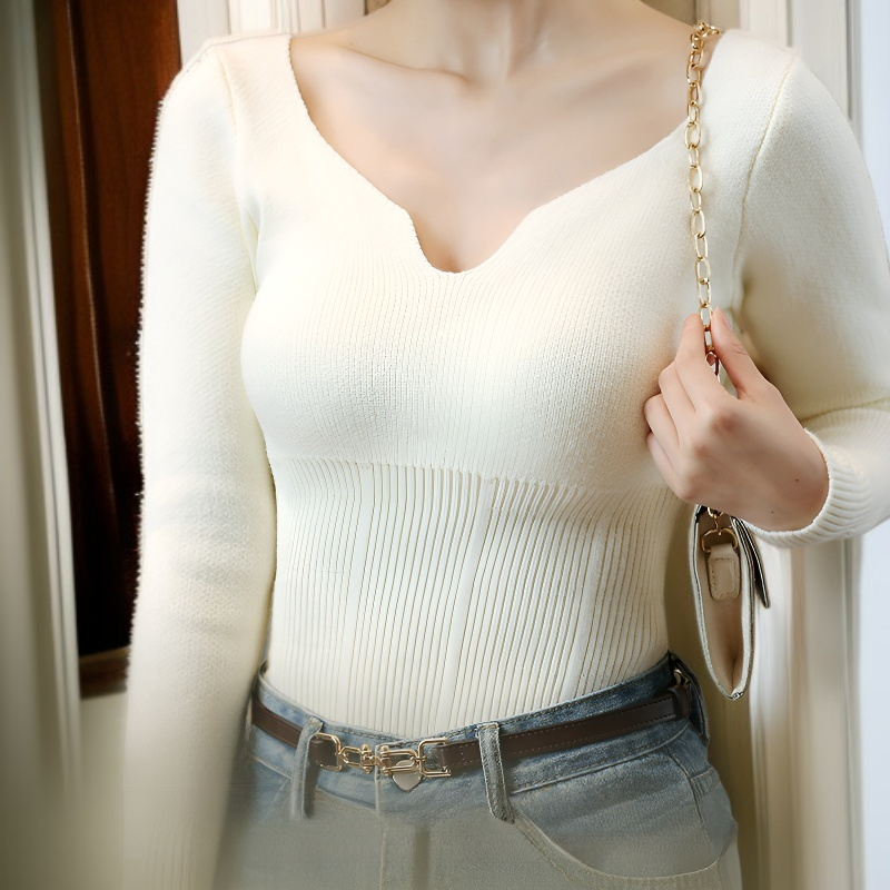 여성 기모 허리 조임 슬림 긴팔 니트 가슴 패드 이너