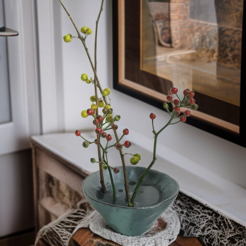 Handmade Ceramic Lotus Leaf Incense Vase, Oriental Ikebana Flower Vessel