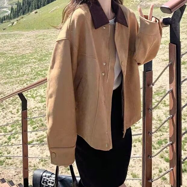 Vintage button collar suede jacket for women in fall colors