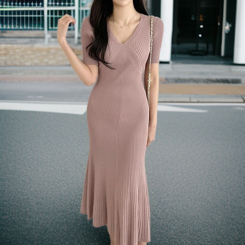 반팔 슬림 미디스커트 솔리드 니트 브이넥 풀오버 원피스