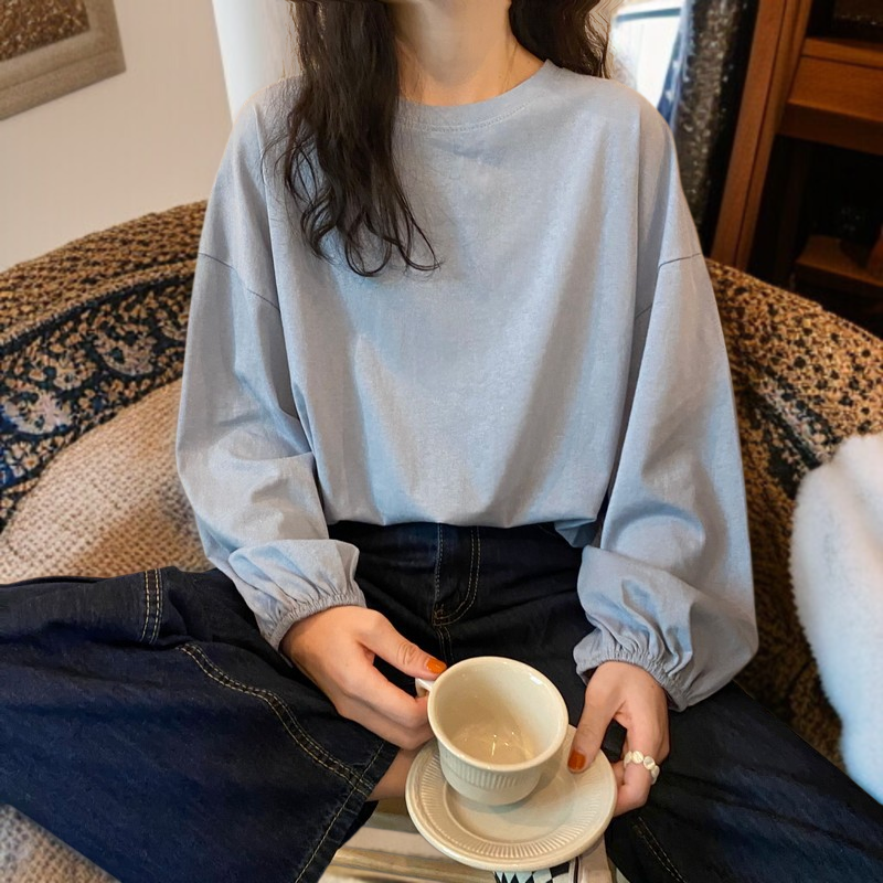 여성 얇은 맨투맨 가을 날씬해 보이는 루즈핏 벌룬 소매 긴팔 티셔츠 맨투맨 여성 맨투맨