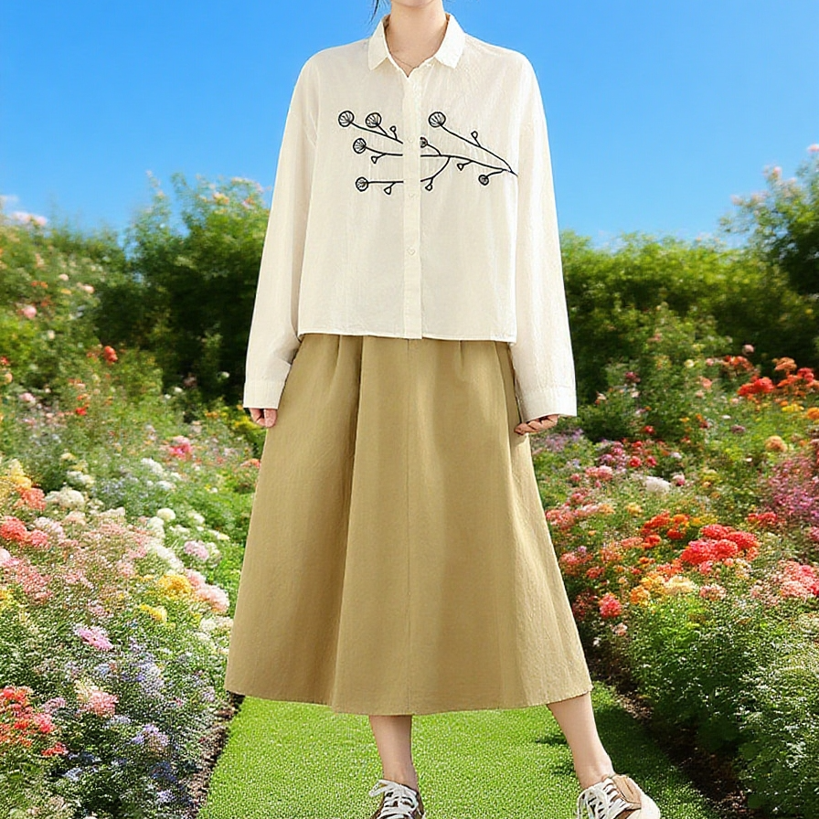 트렌디한 라지 자수 순면 긴팔 셔츠 앞면 이미지