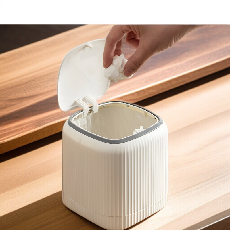 デスクトップゴミ箱プッシュオープン蓋、内側と外側の二重バレル、シンプルな北欧スタイルの蓋付き小型ゴミ箱