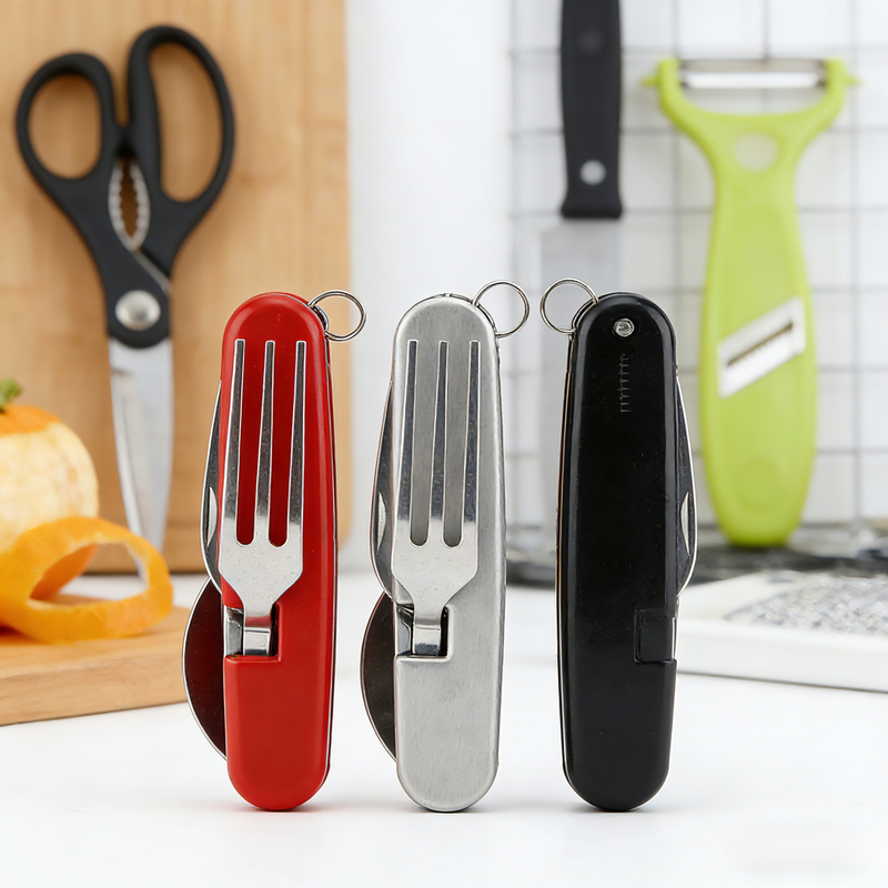 Hordozható rozsdamentes acél kültéri összecsukható villa-kanál 2 az 1-ben evőeszköz
