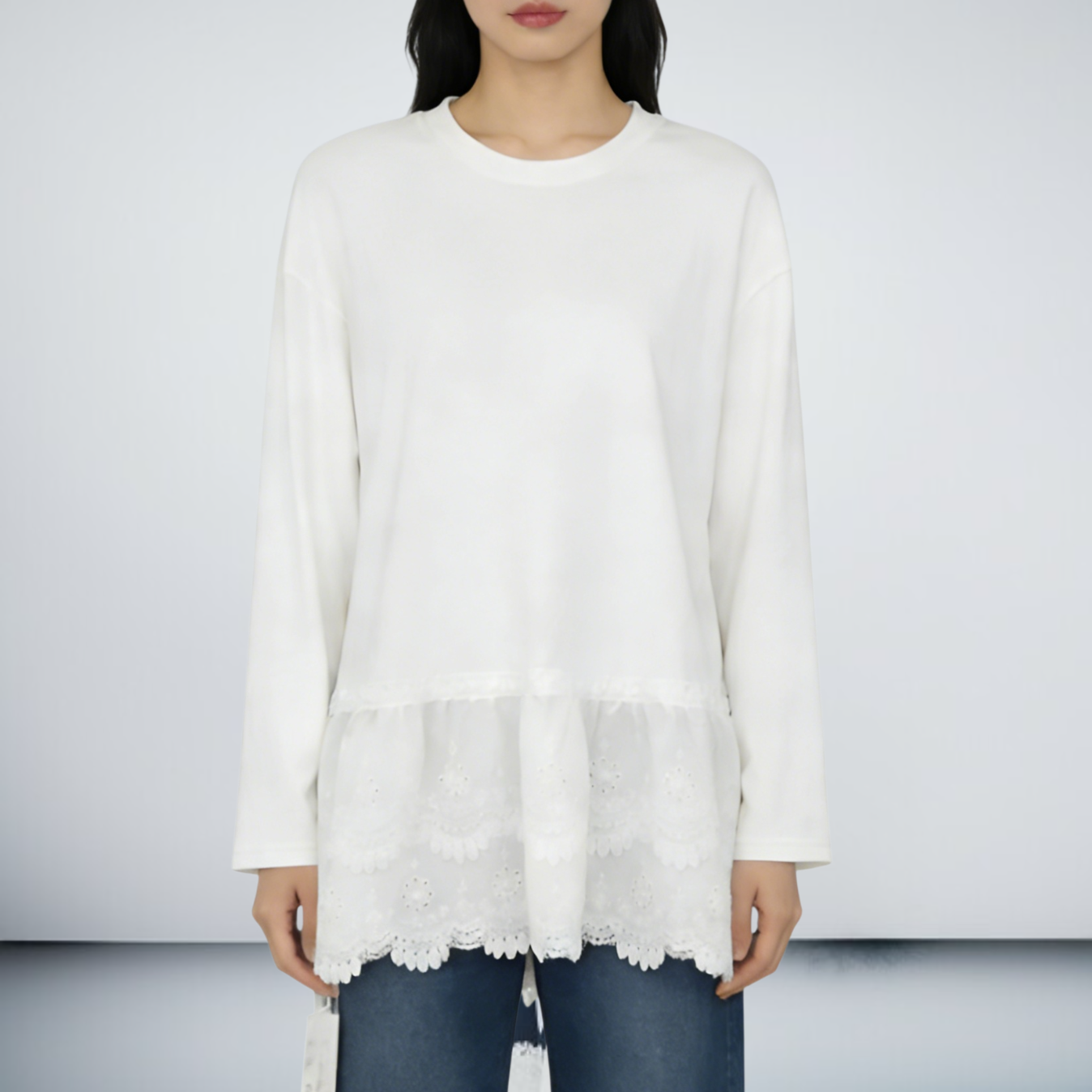 레이스 밑단이 있는 여성용 긴팔 플리스 스웨트셔츠