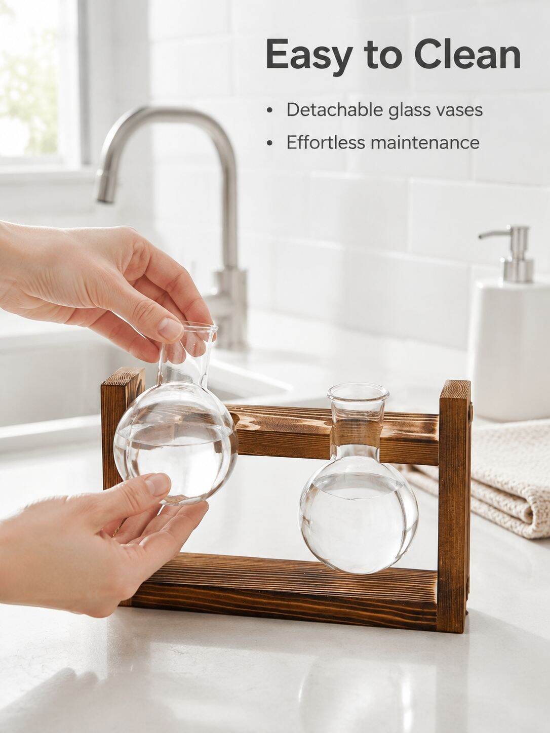 Home Glass Bottle Wooden Frame Hydroponic Plant Vase for Living Room Decor