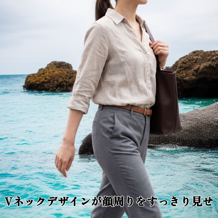 Vネックコーデ万能なリネンシャツ