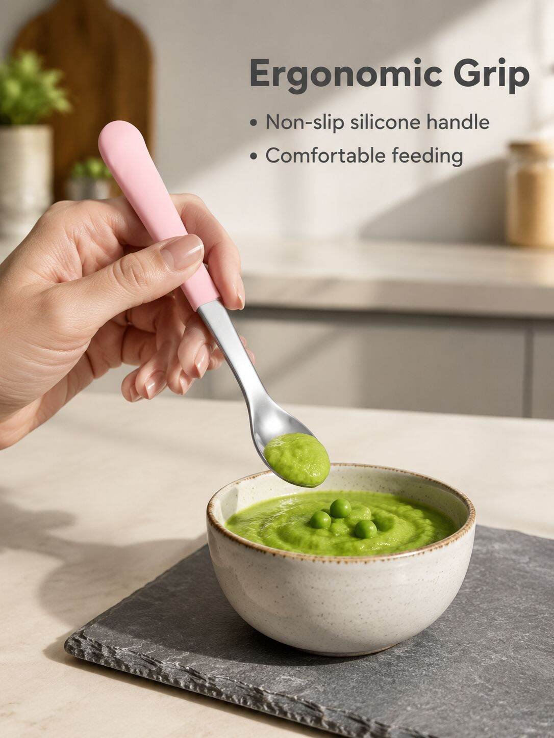 Stainless Steel Baby Spoon with Silicone Sleeves on Both Ends, Safe Feeding Spoon