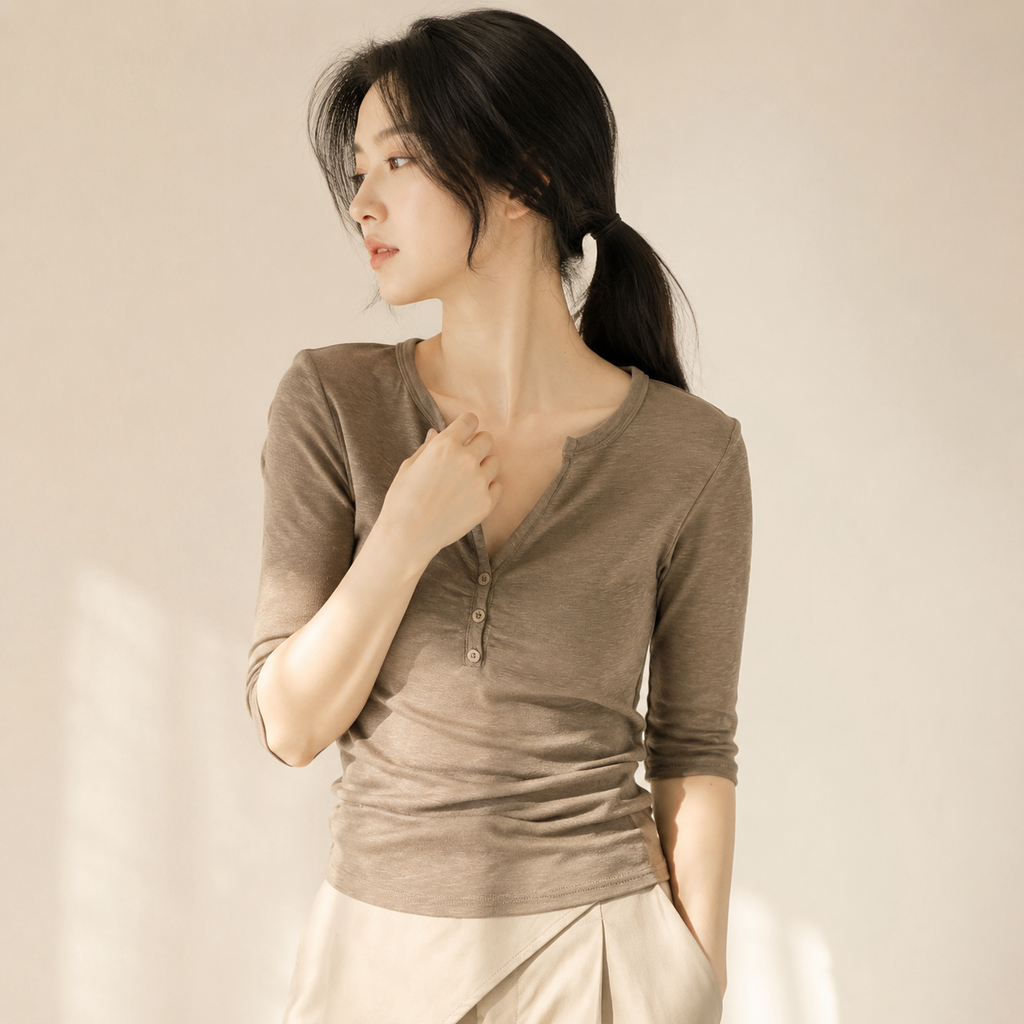 청순 스타일 슬림 헨리넥 5부 소매 탑