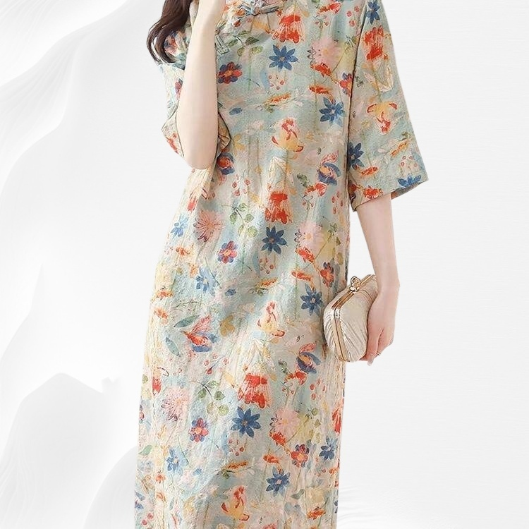 เดรสสไตล์จีนใหม่ ผ้าฝ้ายผ้าลินิน คอจีนติดกระดุม ลายดอกไม้ แขนสั้น ใส่สบายในฤดูร้อน