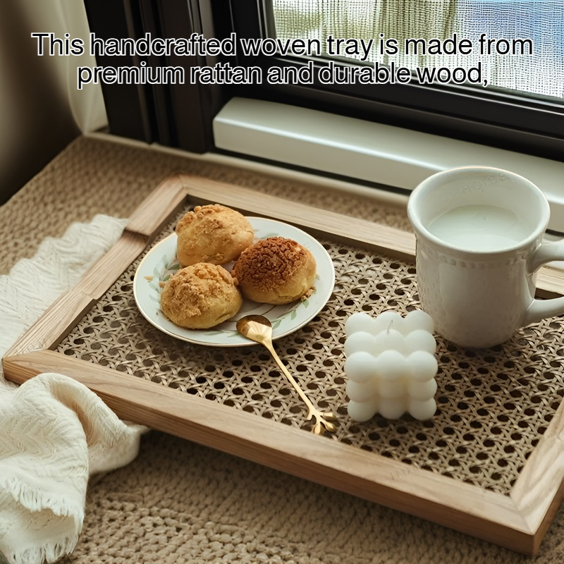Handwoven Rattan Wooden Tray Handmade Serving Tray